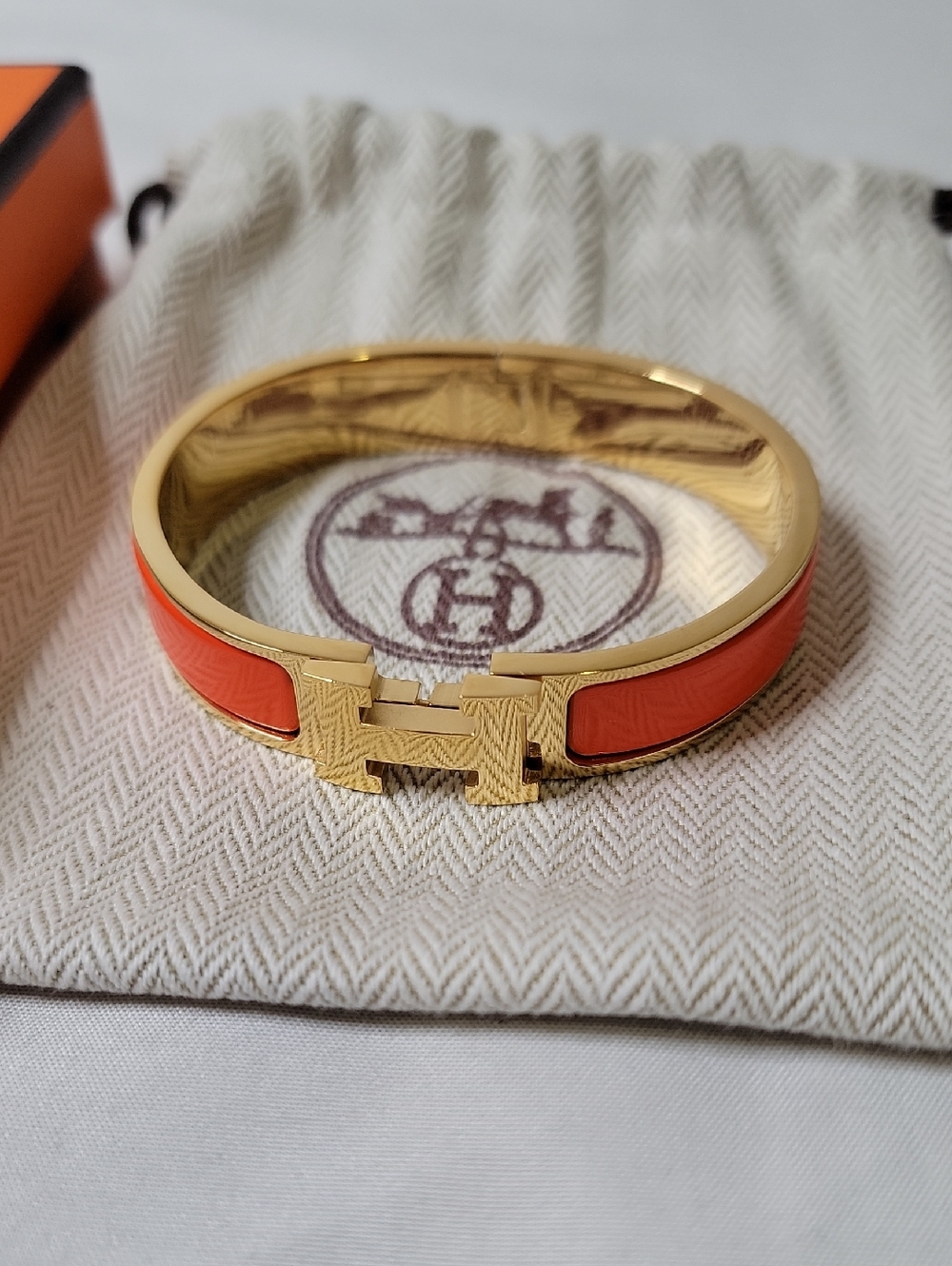 Hermes Orange Enamel H Clic Clac Gold Bracelet